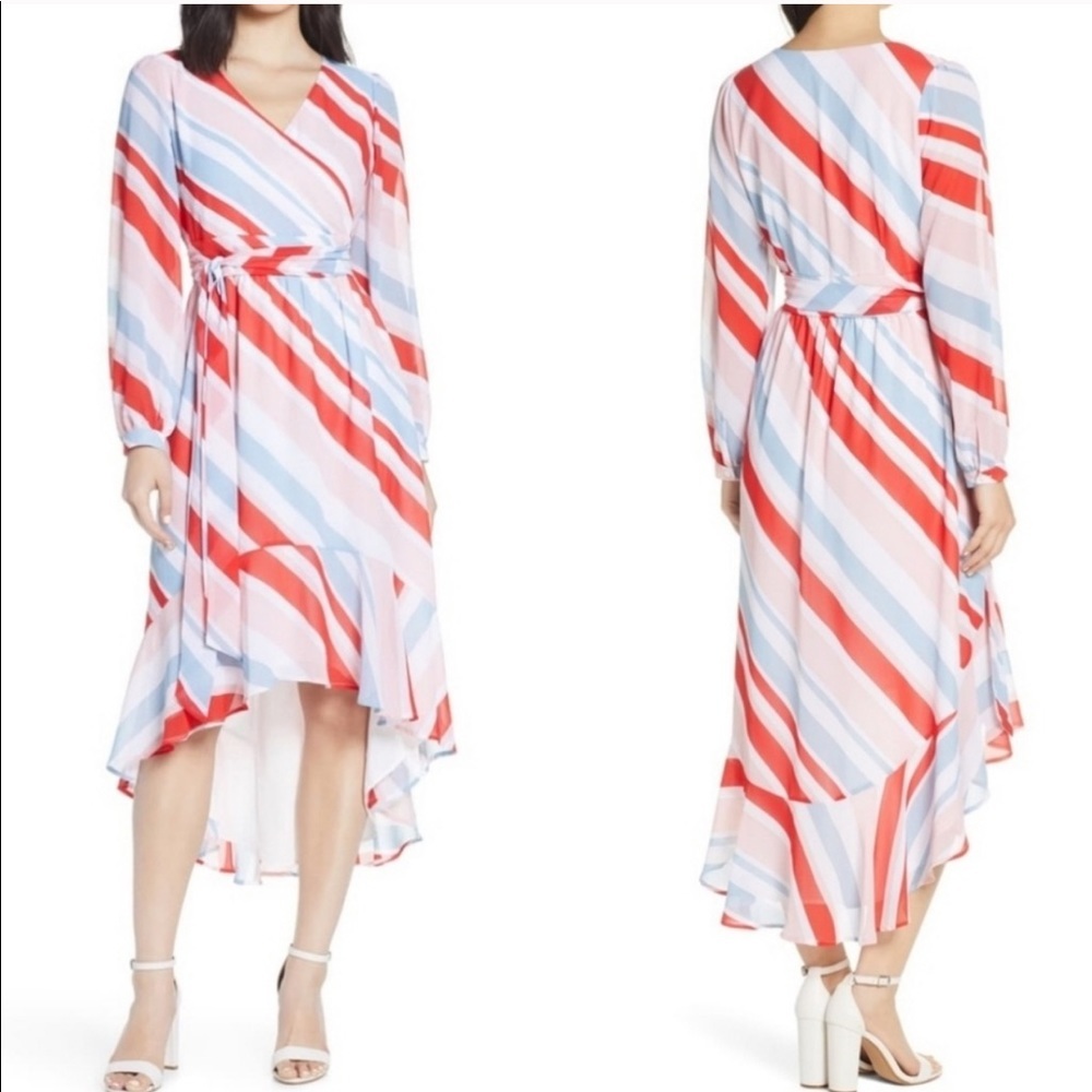 NWT Chelsea28 Wrap MIDI Dress Ruffle Striped Red Pink Faux Large